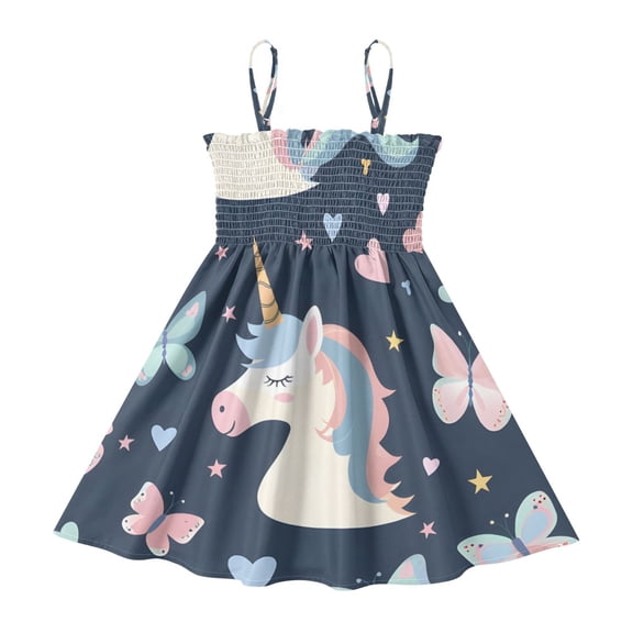 DALAWU Lightweight Unicorn and Butterf Smocked Sundress Adjustable Strap Flowy A-Line Summer Dress