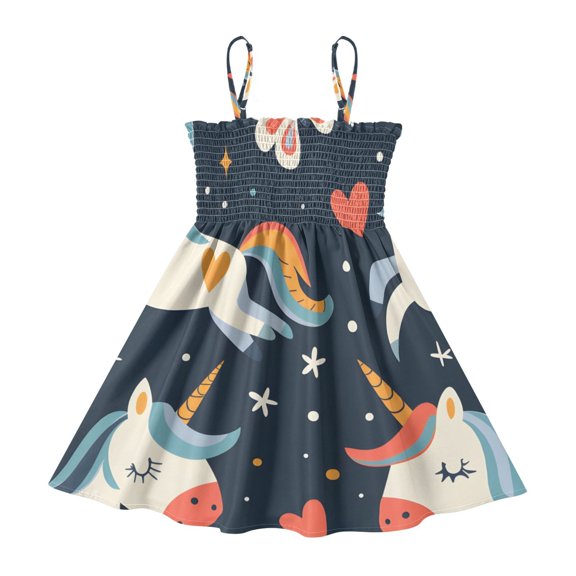 DALAWU Lightweight Unicorn and Star Smocked Sundress Adjustable Strap Flowy A-Line Summer Dress