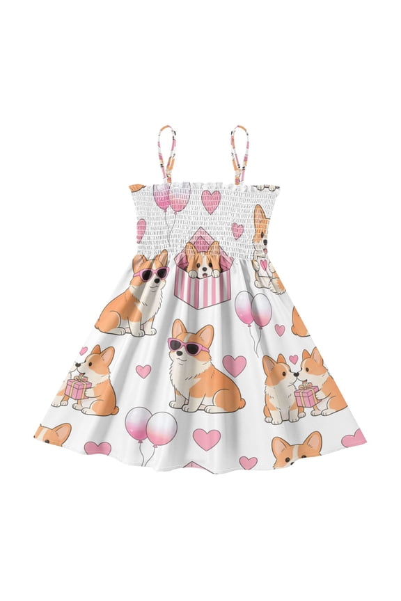 Lightweight Valentine's Day Corgi Smocked Sundress Adjustable Strap Flowy A-Line Summer Dress