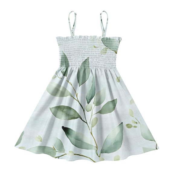 DALAWU Lightweight Watercolor Leaf Patterns Smocked Sundress Adjustable Strap Flowy A-Line Summer Dress