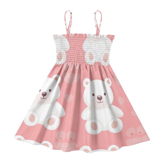 DALAWU Lightweight White Bear Pattern Smocked Sundress Adjustable Strap Flowy A-Line Summer Dress