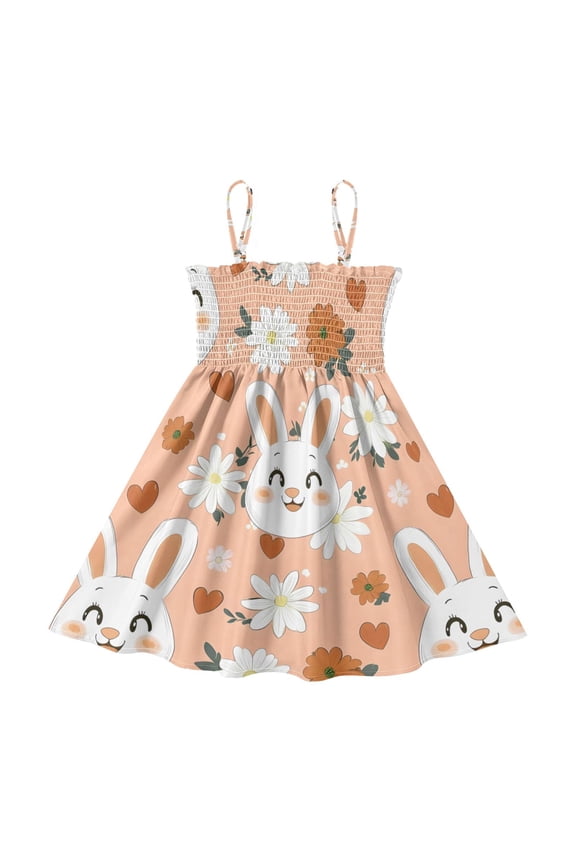 Lightweight White Bunny Daisy Pattern Smocked Sundress Adjustable Strap Flowy A-Line Summer Dress