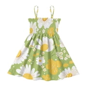 DALAWU Lightweight White Dasiy Seamless Smocked Sundress Adjustable Strap Flowy A-Line Summer Dress
