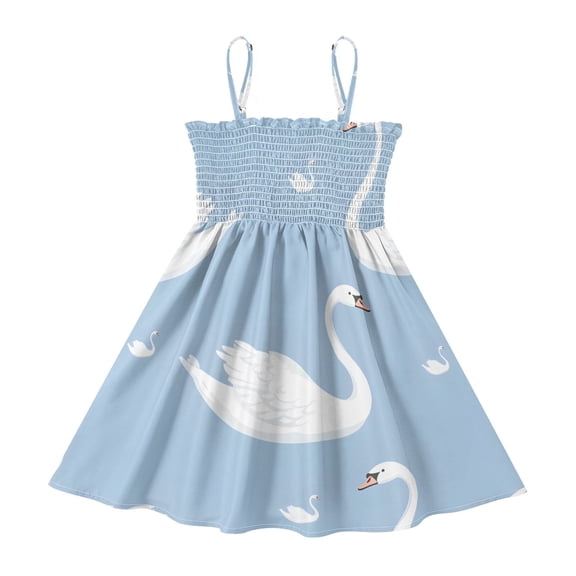 DALAWU Lightweight White Duck and Blue Background Smocked Sundress Adjustable Strap Flowy A-Line Summer Dress