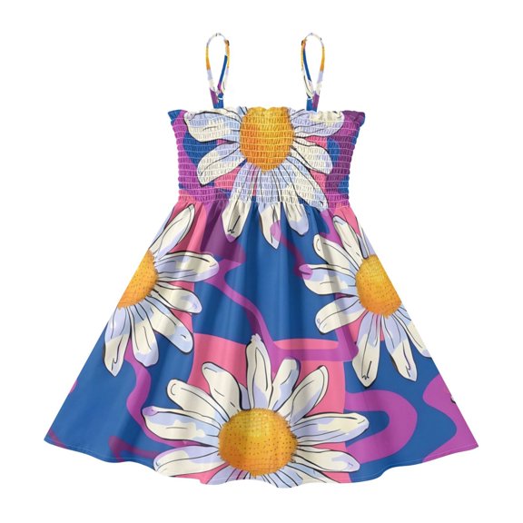 DALAWU Lightweight White Flower Purple Background Smocked Sundress Adjustable Strap Flowy A-Line Summer Dress