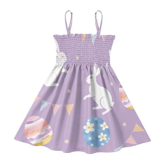DALAWU Lightweight White Rabbit Colorful Easter Egg Pattern Smocked Sundress Adjustable Strap Flowy A-Line Summer Dress