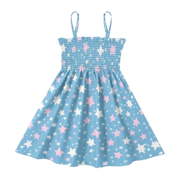 DALAWU Lightweight White Red Star Pattern Smocked Sundress Adjustable Strap Flowy A-Line Summer Dress