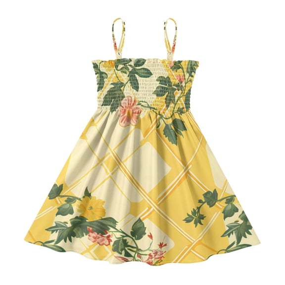 DALAWU Lightweight Yellow Checkered Seamless Flower Smocked Sundress Adjustable Strap Flowy A-Line Summer Dress