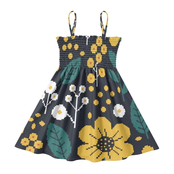DALAWU Lightweight Yellow Floral on Black Background Smocked Sundress Adjustable Strap Flowy A-Line Summer Dress