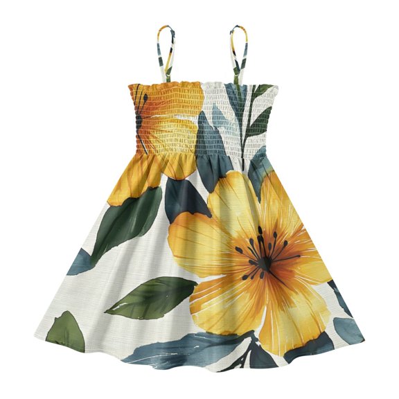 DALAWU Lightweight Yellow Flower Leaf Pattern Smocked Sundress Adjustable Strap Flowy A-Line Summer Dress