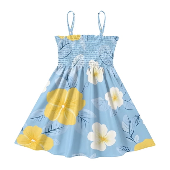 DALAWU Lightweight Yellow Flowers on Blue Background Smocked Sundress Adjustable Strap Flowy A-Line Summer Dress