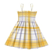 DALAWU Lightweight Yellow Purple Plaid Pattern Smocked Sundress Adjustable Strap Flowy A-Line Summer Dress