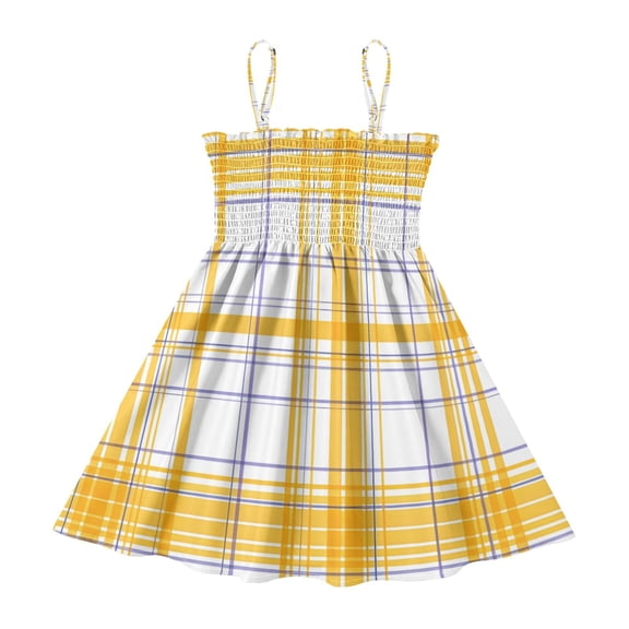 DALAWU Lightweight Yellow Purple Plaid Pattern Smocked Sundress Adjustable Strap Flowy A-Line Summer Dress