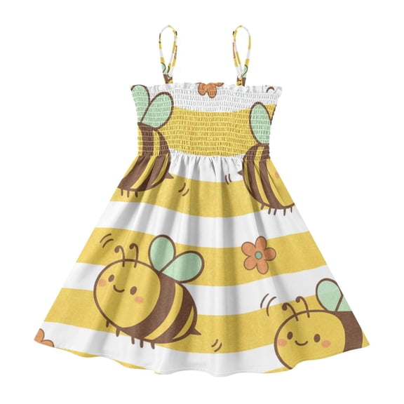 DALAWU Lightweight Yellow Stripes Cute Bees and Flowers Smocked Sundress Adjustable Strap Flowy A-Line Summer Dress