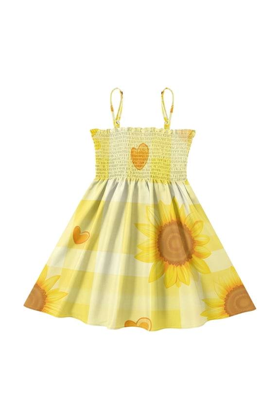Lightweight Yellow Sunflower Smocked Sundress Adjustable Strap Flowy A-Line Summer Dress