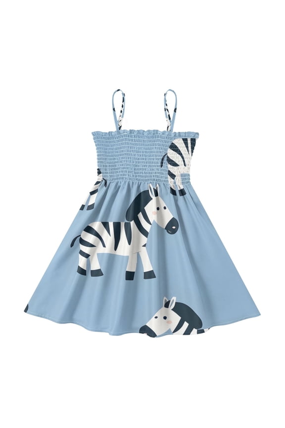 Lightweight Zebra and Flower Smocked Sundress Adjustable Strap Flowy A-Line Summer Dress