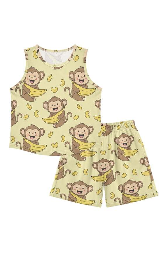 DALAWU Monkey Bananas For Ultra-Soft Pajama Breathable Sleeveless Loungewear Set Elastic Waist for All-Day Comfort
