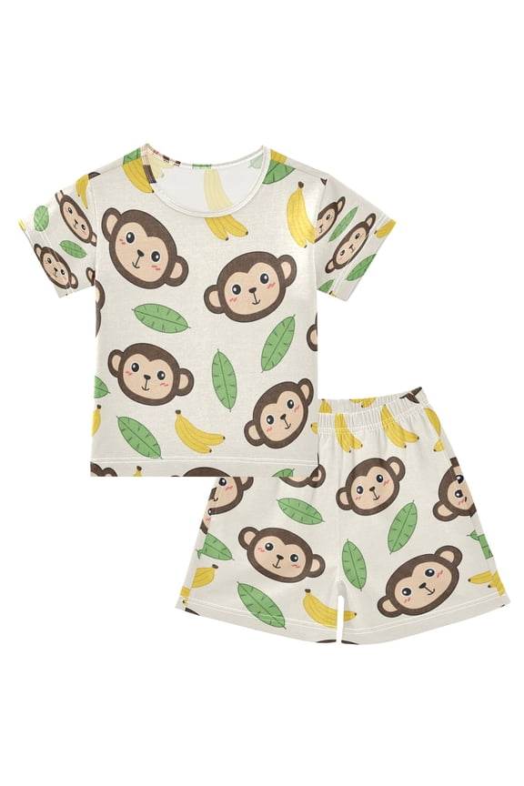 Monkey with Banana and Leaves Cotton Short Sleeve Pajama Set Breathable