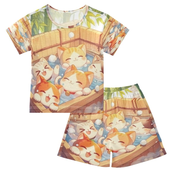 DALAWU Onsen Cats Bubbles Cotton Short Sleeve Pajama Set Breathable
