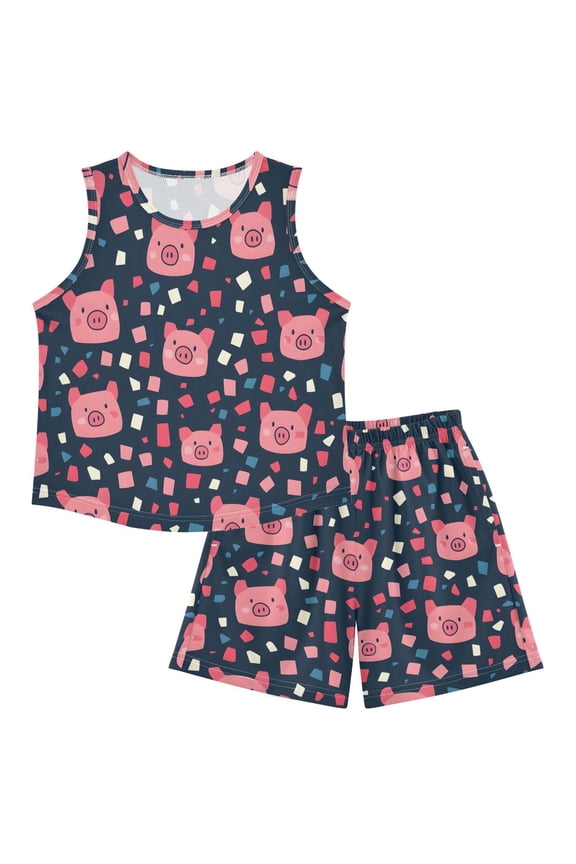 DALAWU Piglets Confetti Pattern For Ultra-Soft Pajama Breathable Sleeveless Loungewear Set Elastic Waist for All-Day Comfort