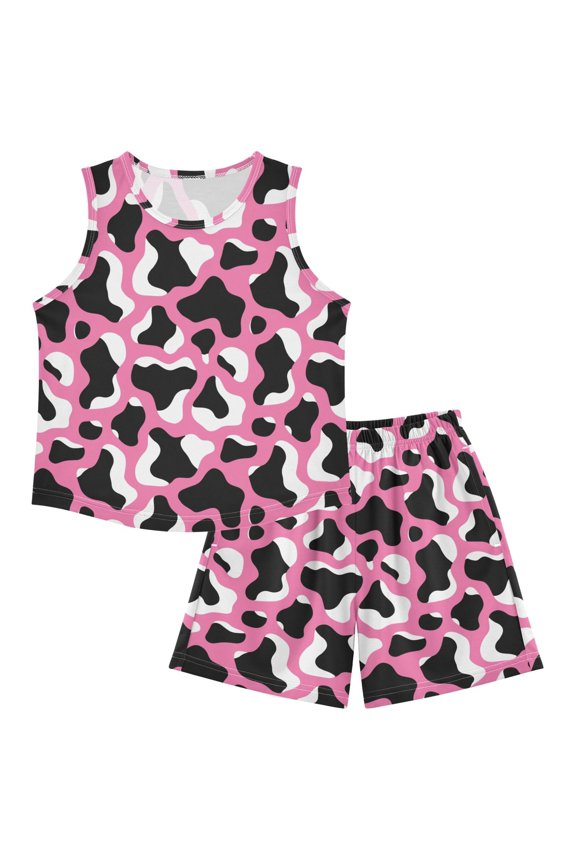 DALAWU Pink Background Cow Print Pattern For Ultra-Soft Pajama Breathable Sleeveless Loungewear Set Elastic Waist for All-Day Comfort