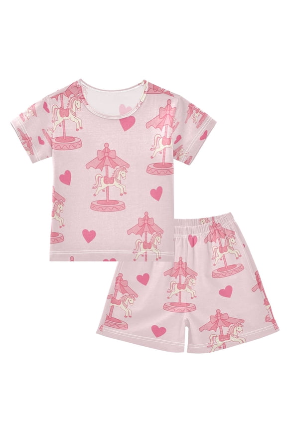 Pink Carousel Pattern Cotton Short Sleeve Pajama Set Breathable