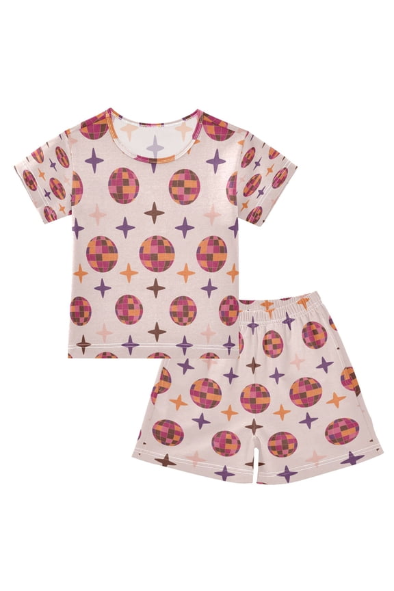 Pink Disco Balls Stars Cotton Short Sleeve Pajama Set Breathable
