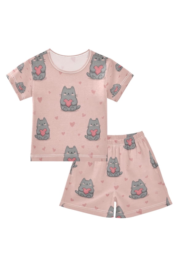Pink Kitty Hearts Cotton Short Sleeve Pajama Set Breathable