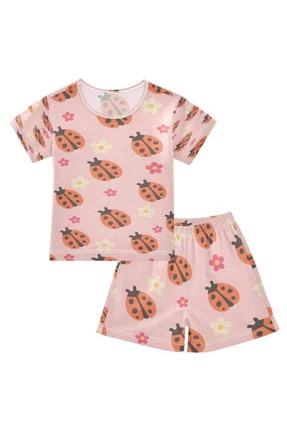 Pink Ladybug-flower Cotton Short Sleeve Pajama Set Breathable