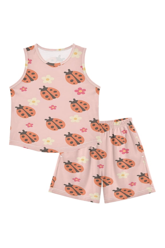 DALAWU Pink Ladybug-flower For Ultra-Soft Pajama Breathable Sleeveless Loungewear Set Elastic Waist for All-Day Comfort
