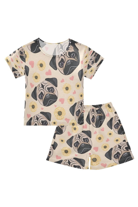 Pug Faces Heart Flower Pattern Cotton Short Sleeve Pajama Set Breathable