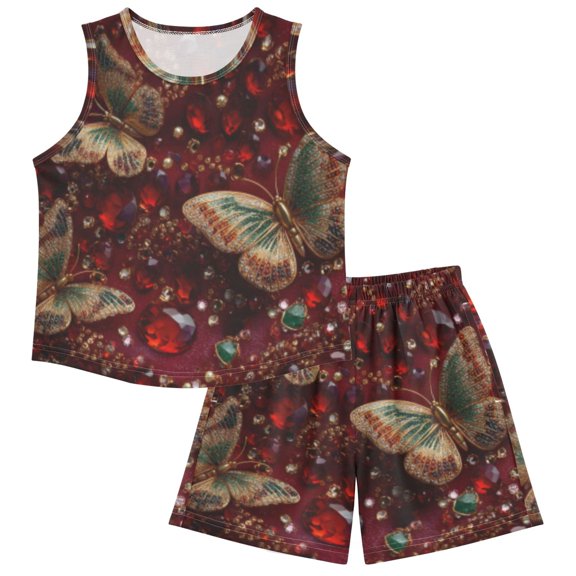 DALAWU Ruby Butterflies For Ultra-Soft Pajama Breathable Sleeveless Loungewear Set Elastic Waist for All-Day Comfort