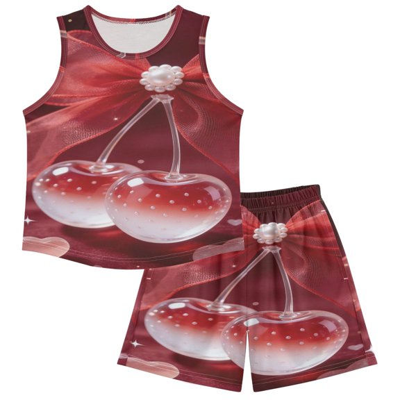 DALAWU Ruby Cherry Ribbon For Ultra-Soft Pajama Breathable Sleeveless Loungewear Set Elastic Waist for All-Day Comfort