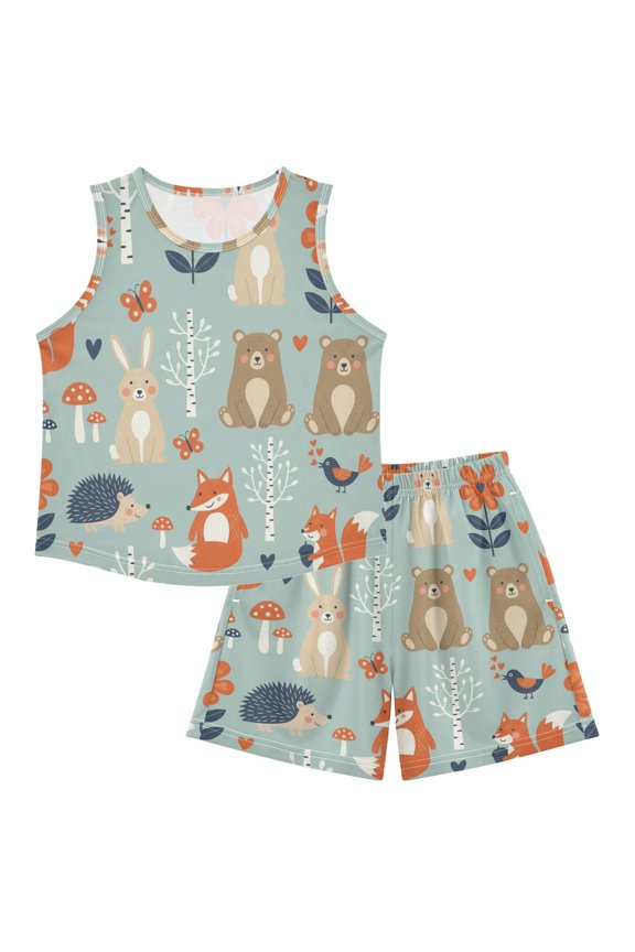 DALAWU Seamless Forest Background with Cute Animals in Ca For Ultra-Soft Pajama Breathable Sleeveless Loungewear Set Elastic Waist for All-Day Comfort