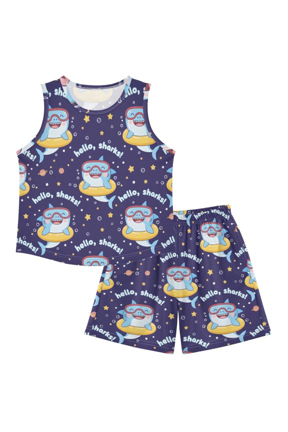 DALAWU Sharks For Ultra-Soft Pajama Breathable Sleeveless Loungewear Set Elastic Waist for All-Day Comfort