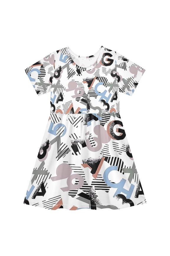 Short Sleeve Dress A-line Silhouette Alphabet Chaos Collage Of Pattern