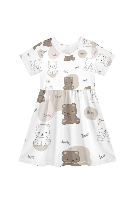 Short Sleeve Dress A-line Silhouette Bear Buddy Pastel Toss Of Pattern