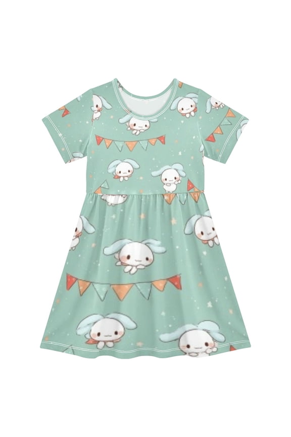 Short Sleeve Dress A-line Silhouette Bunny Bunting Of Pattern