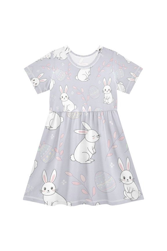 Short Sleeve Dress A-line Silhouette Bunny Cute Egg Of Pattern