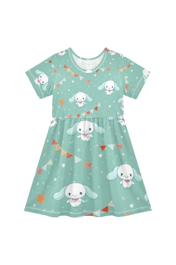 Short Sleeve Dress A-line Silhouette Bunny Flag Of Pattern