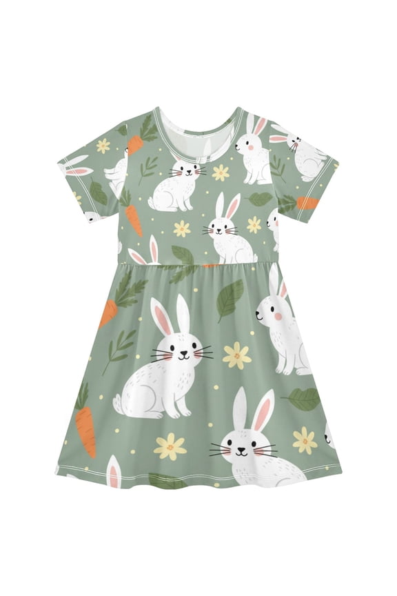 Short Sleeve Dress A-line Silhouette Bunny Rabbit Green Of Pattern