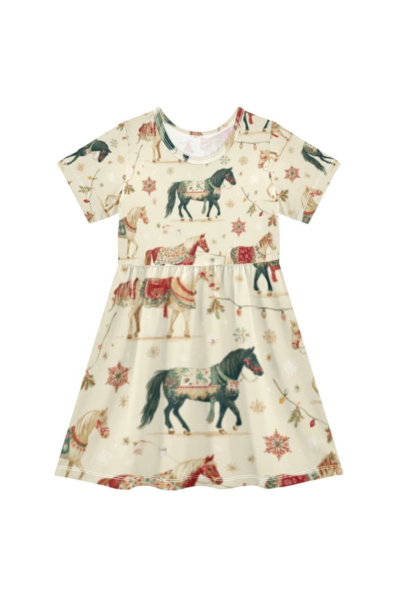Short Sleeve Dress A-line Silhouette Carousel Horses Of Pattern
