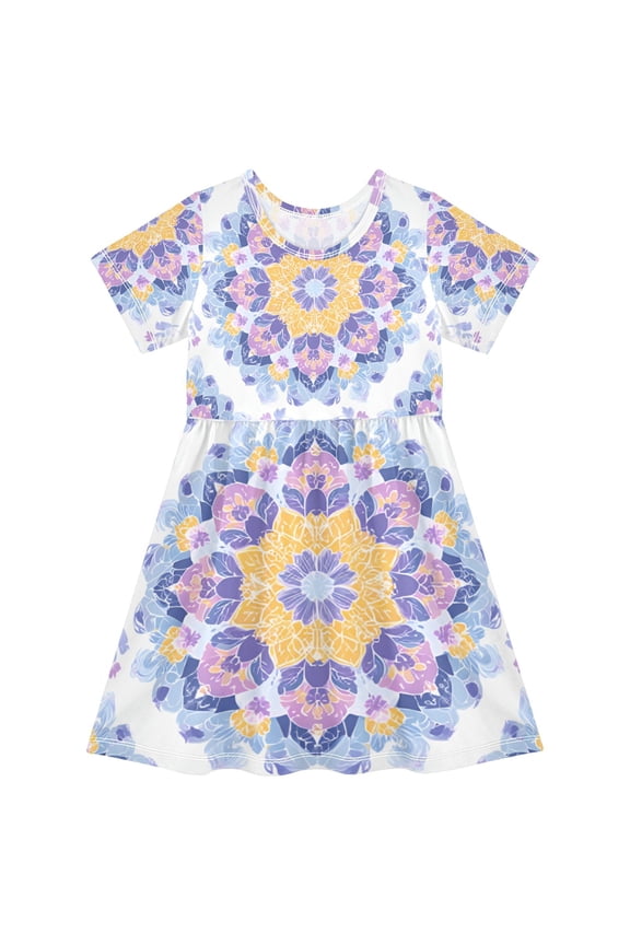 Short Sleeve Dress A-line Silhouette Celestial Bloom Mandala Of Pattern