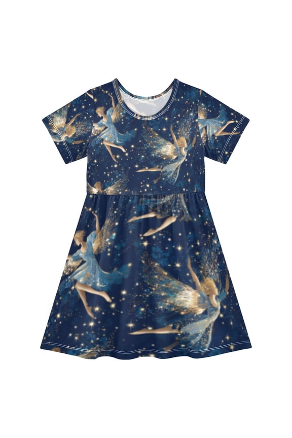 Short Sleeve Dress A-line Silhouette Celestial Fairy Whirl Of Pattern