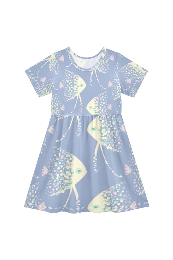 Short Sleeve Dress A-line Silhouette Celestial Fish Swarm Of Pattern