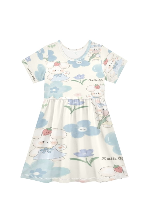 Short Sleeve Dress A-line Silhouette Cloud Bunny Smile Of Pattern