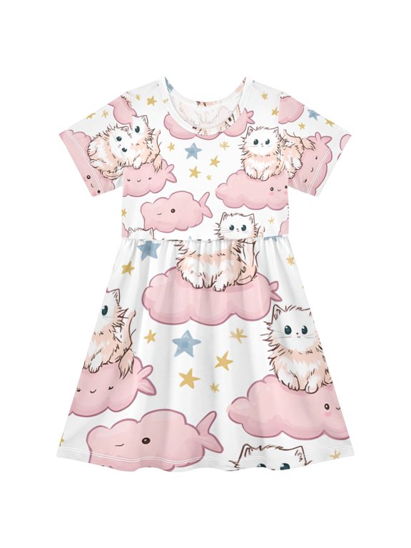 Short Sleeve Dress A-line Silhouette Cloudy Cuddle Crew Of Pattern