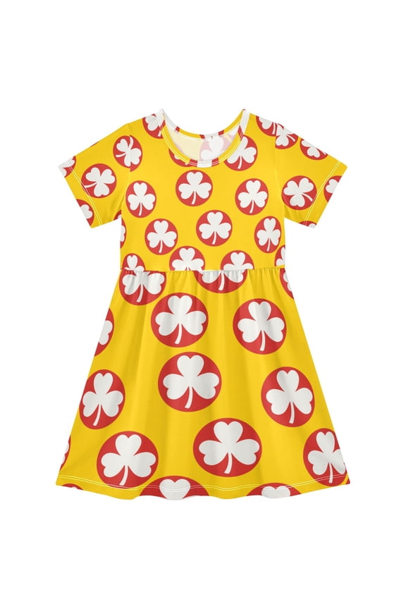 Short Sleeve Dress A-line Silhouette Clover in Red Circle Pattern Of Pattern