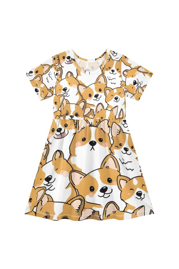 Short Sleeve Dress A-line Silhouette Corgi Crowd Of Pattern
