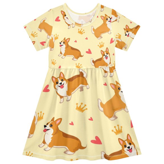 DALAWU Short Sleeve Dress A-line Silhouette Corgi Crown Pattern Of Pattern
